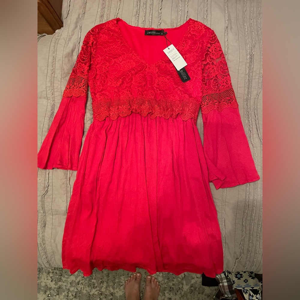 Red long sleeve lace dress